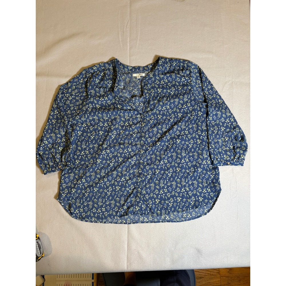 Jachs Girlfriend Blue Floral Button Up Blouse XXL Pleated Back 3/4 Sleeve Top